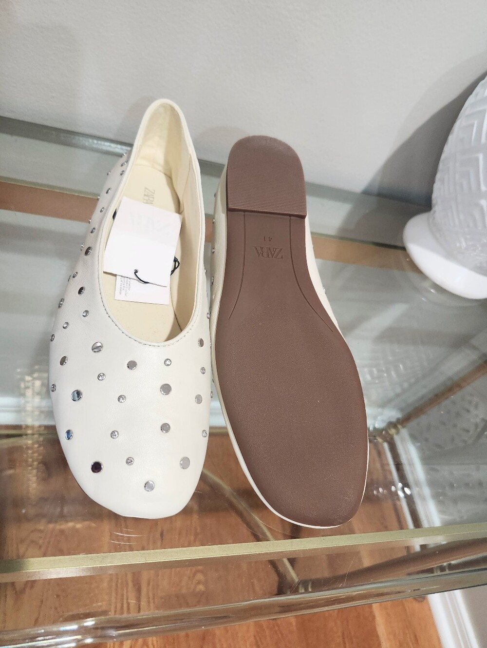 Zara Leather Studded Cream Ballet Flats - Picture 6 of 7